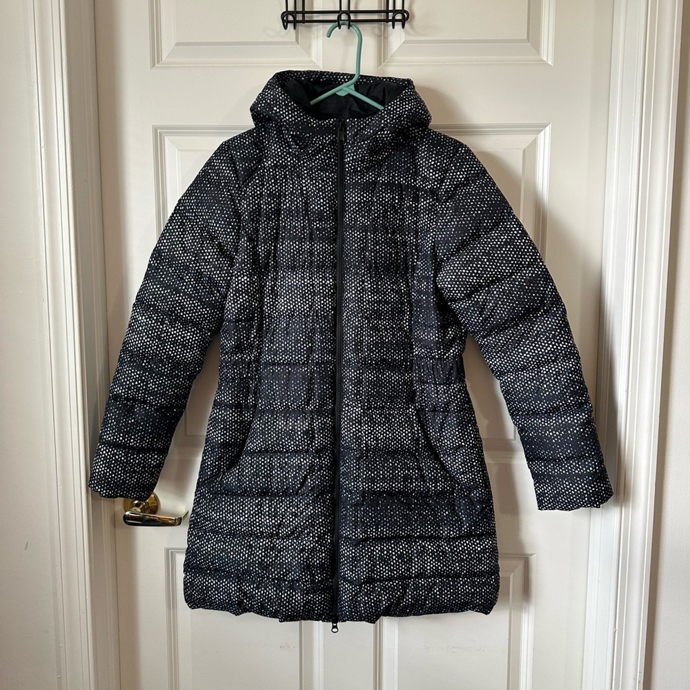 The North Face Womens Gotham Long Jacket Hooded Black Donegal Print Size M
